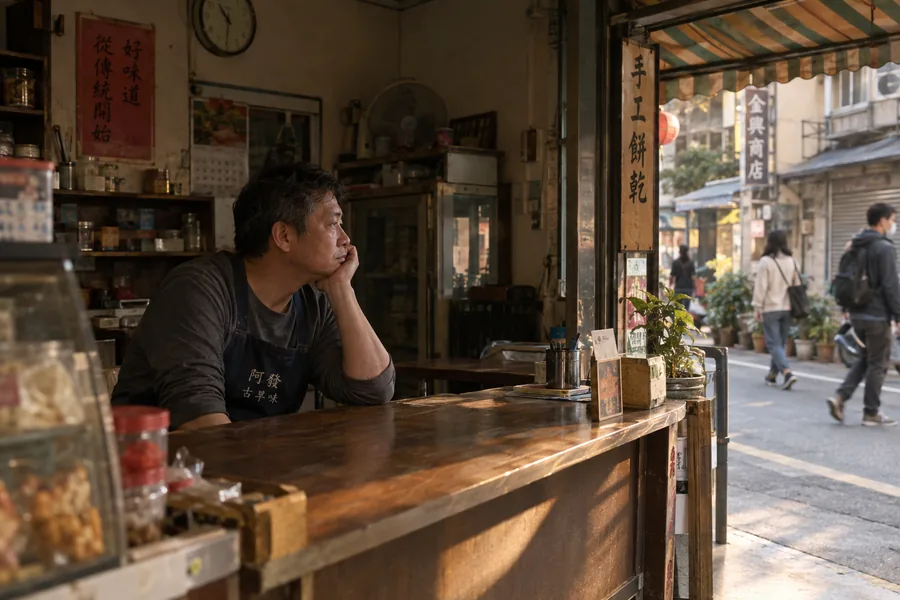 店老闆一個人坐在冷清的店裡,看著路人走過沒有進來