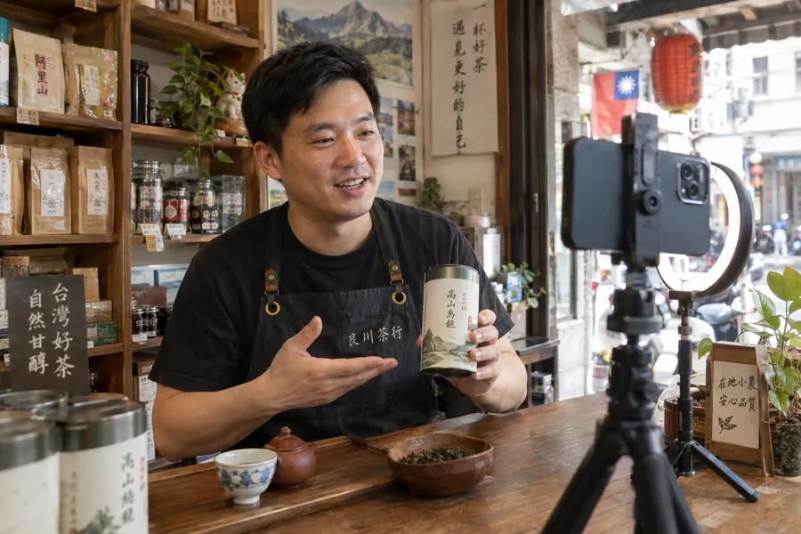 老闆在店裡用手機拍介紹影片