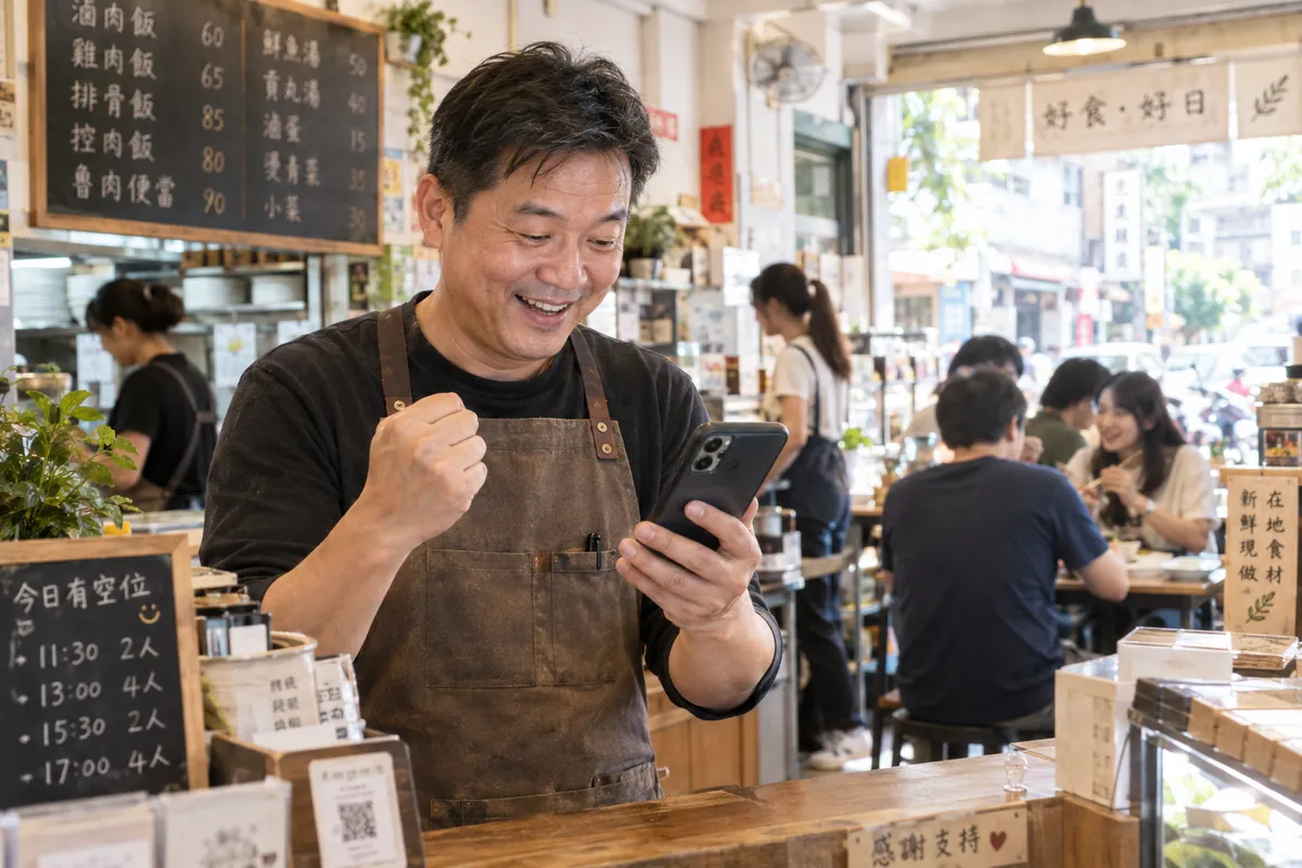 店家老闆看著手機上一則則進來的客人訊息,開心地握拳
