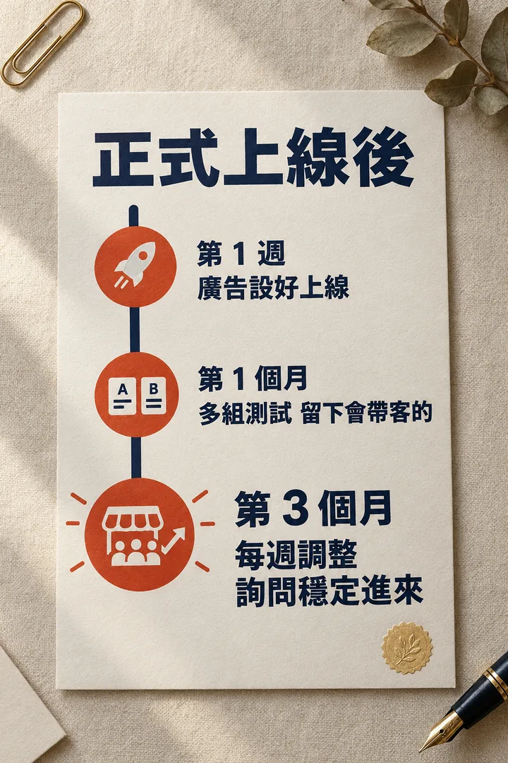 正式上線後:第 1 週廣告設好上線,第 1 個月多組測試、留下會帶客的,第 3 個月每週調整、詢問穩定進來