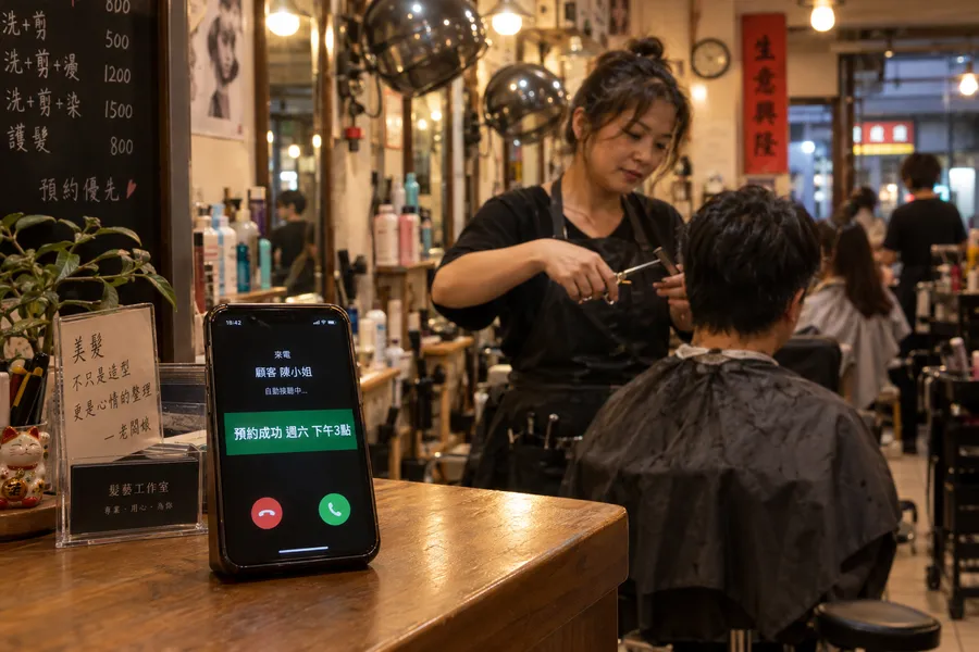 美髮店老闆雙手正在幫客人剪髮,櫃台上的手機自動接起來電,螢幕顯示預約成功、週六下午 3 點