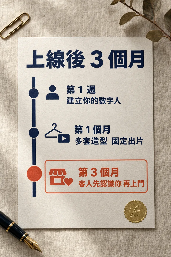上線後 3 個月:第 1 週建立你的數字人,第 1 個月多套造型、固定出片,第 3 個月客人先認識你再上門