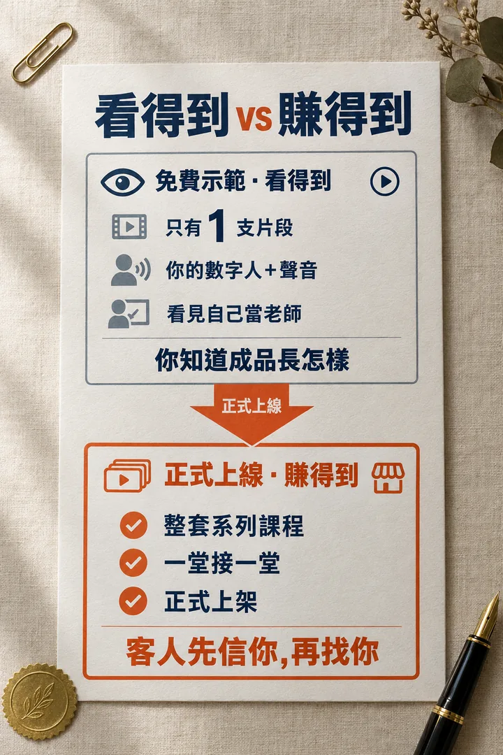 看得到 vs 賺得到:免費示範只有 1 支片段、你的數字人+聲音、看見自己當老師,讓你知道成品長怎樣;正式上線有整套系列課程、一堂接一堂、正式上架,讓客人先信你,再找你
