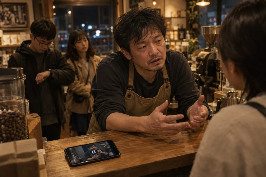 晚上,咖啡店老闆疲憊地靠在櫃檯,又一次對客人解釋同一件事,後面還有客人在排隊;櫃檯上的手機停在一支沒用上的教學影片