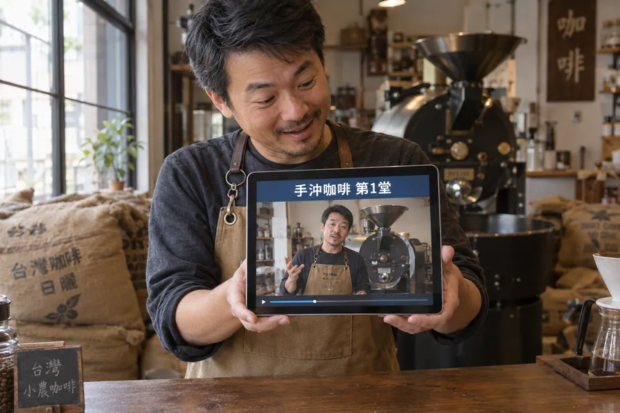 咖啡烘豆店老闆舉著平板,螢幕上是他自己當老師講課的教學影片「手沖咖啡 第1堂」