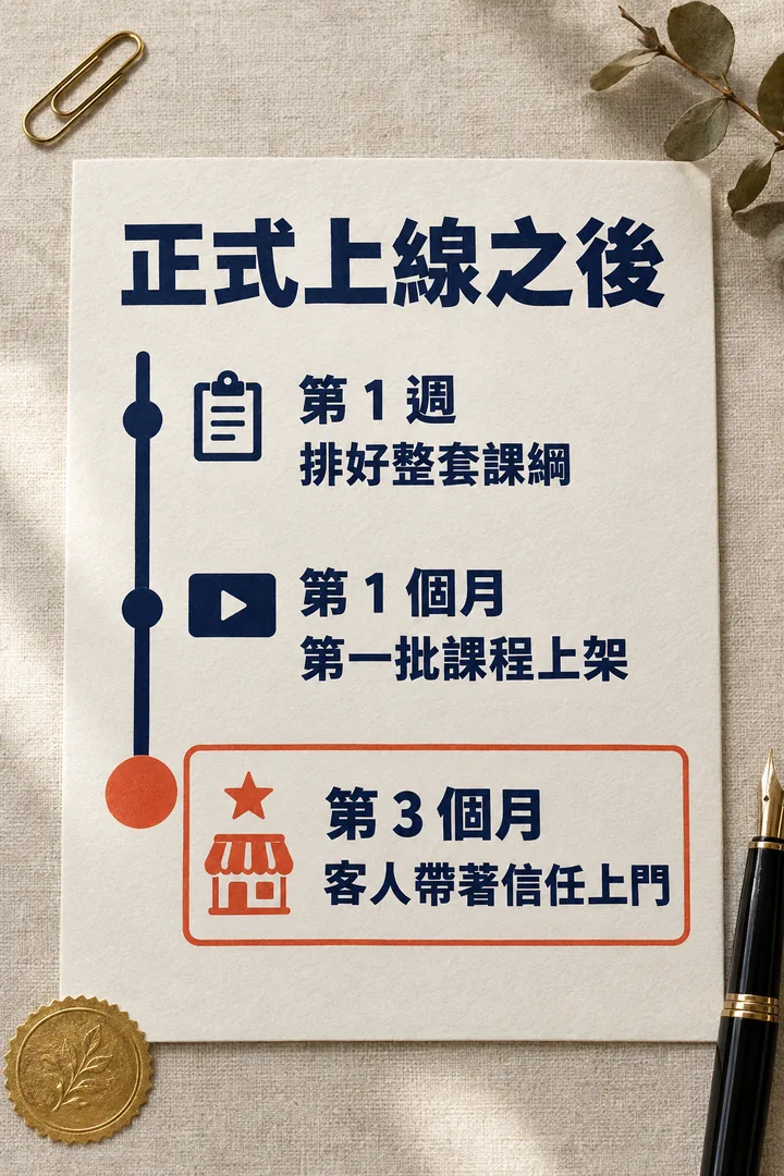 正式上線之後:第 1 週排好整套課綱,第 1 個月第一批課程上架,第 3 個月客人帶著信任上門