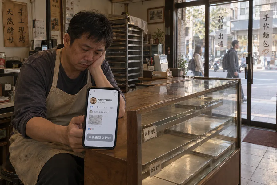 傍晚,麵包店老闆一個人坐在空蕩的店裡看著手機,粉專顯示最後更新 3 週前,門外路人走過沒有進來
