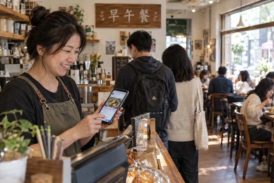 早午餐店老闆在忙碌的早上看著手機上的粉專貼文,背後客人正在排隊點餐
