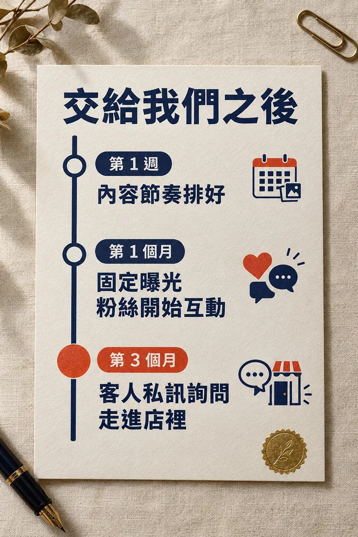 交給我們之後:第 1 週內容節奏排好,第 1 個月固定曝光、粉絲開始互動,第 3 個月客人私訊詢問、走進店裡