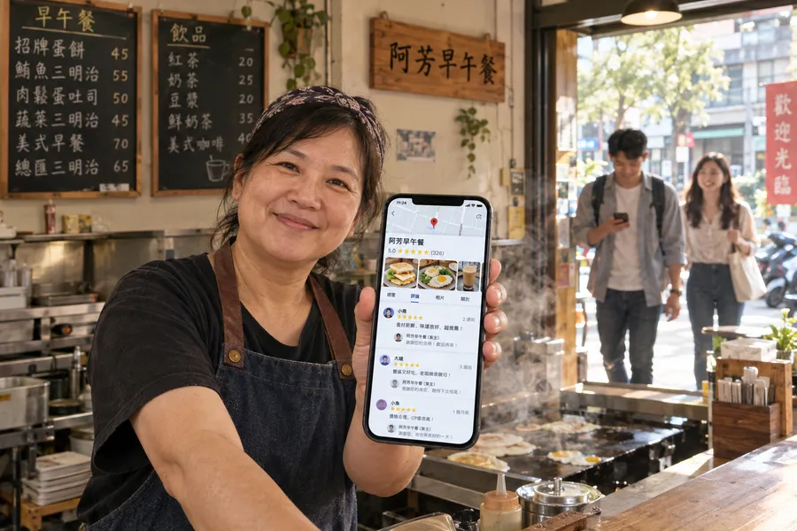 早午餐店老闆笑著舉起手機,畫面是自家店在地圖上的頁面:五顆星、照片齊全、每則評論都有回覆;門口有兩位客人看著手機走進來