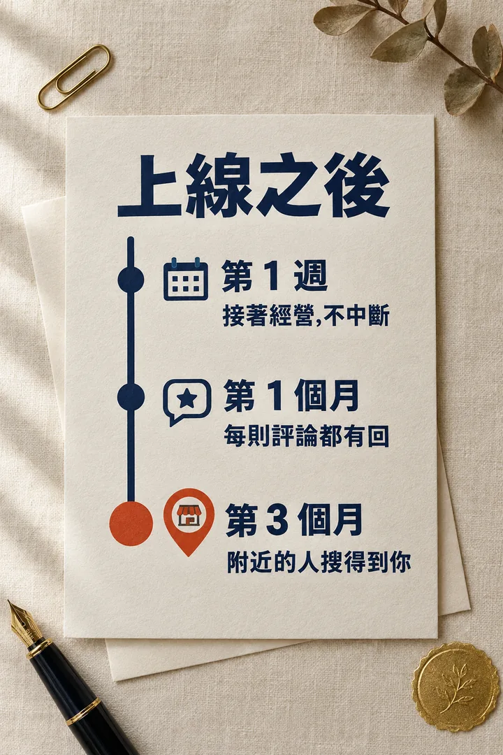 上線之後:第 1 週接著經營不中斷,第 1 個月每則評論都有回,第 3 個月附近的人搜得到你