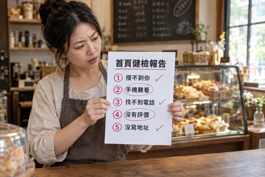 麵包店老闆舉著首頁健檢報告,上面列著搜不到你、手機難看、找不到電話、沒有評價、沒寫地址五個問題