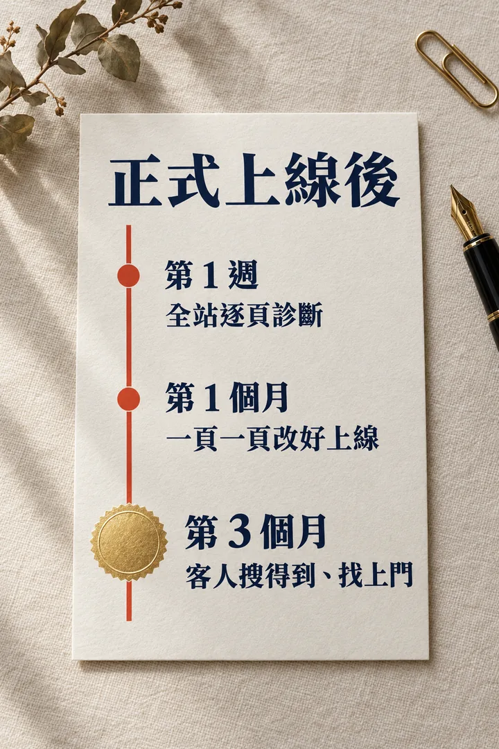 正式上線後:第 1 週全站逐頁診斷,第 1 個月一頁一頁改好上線,第 3 個月客人搜得到、找上門
