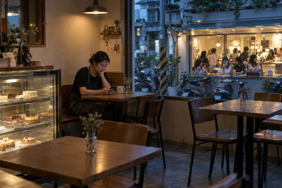 傍晚,甜點店老闆一個人坐在空蕩的店裡滑手機,窗外對面那家咖啡店擠滿拍照打卡的年輕客人