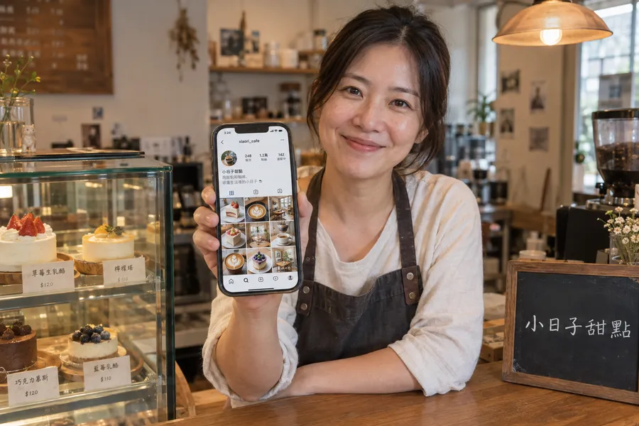 甜點店老闆站在櫃檯後,笑著舉起手機,畫面是整齊好看的 IG 帳號頁,一格格都是自家蛋糕、拿鐵和店內照片