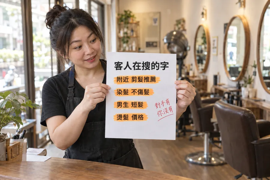 髮廊老闆舉著一張紙,上面寫著客人在搜的字:附近剪髮推薦、染髮不傷髮、男生短髮、燙髮價格,旁邊紅筆註記對手有你沒有