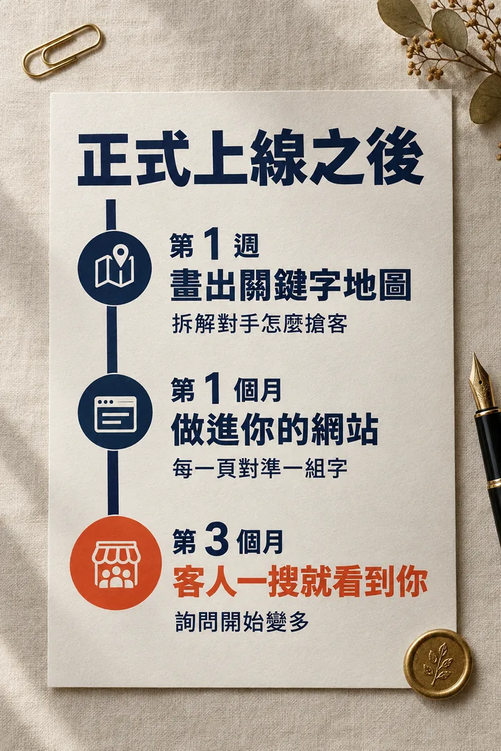 正式上線之後:第 1 週畫出關鍵字地圖、拆解對手怎麼搶客,第 1 個月做進你的網站、每一頁對準一組字,第 3 個月客人一搜就看到你、詢問開始變多