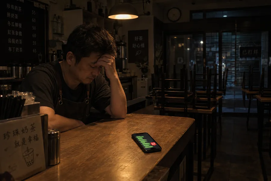 深夜打烊後的茶飲店,老闆一個人坐在吧台扶著額頭,桌上手機堆著 27 則沒回的訊息