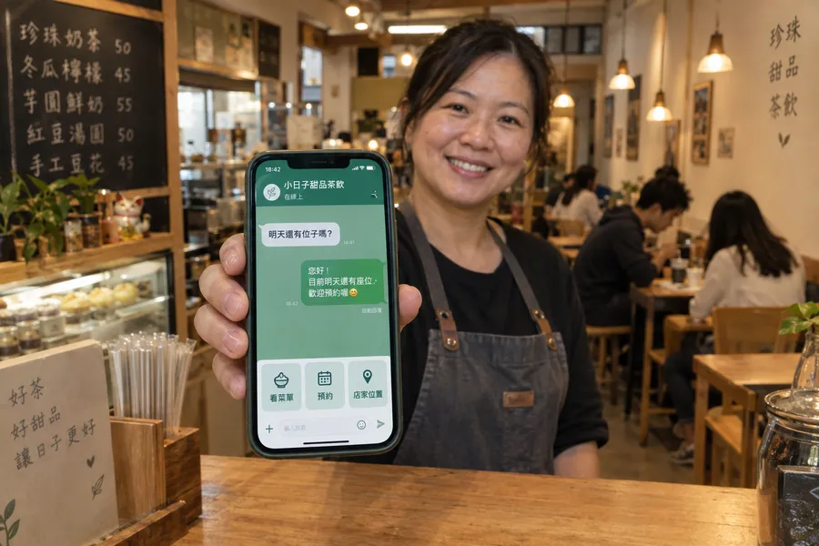 甜品茶飲店老闆拿著手機,畫面上客人問明天還有位子嗎,店家官方帳號已自動回覆,下方選單有看菜單、預約、店家位置