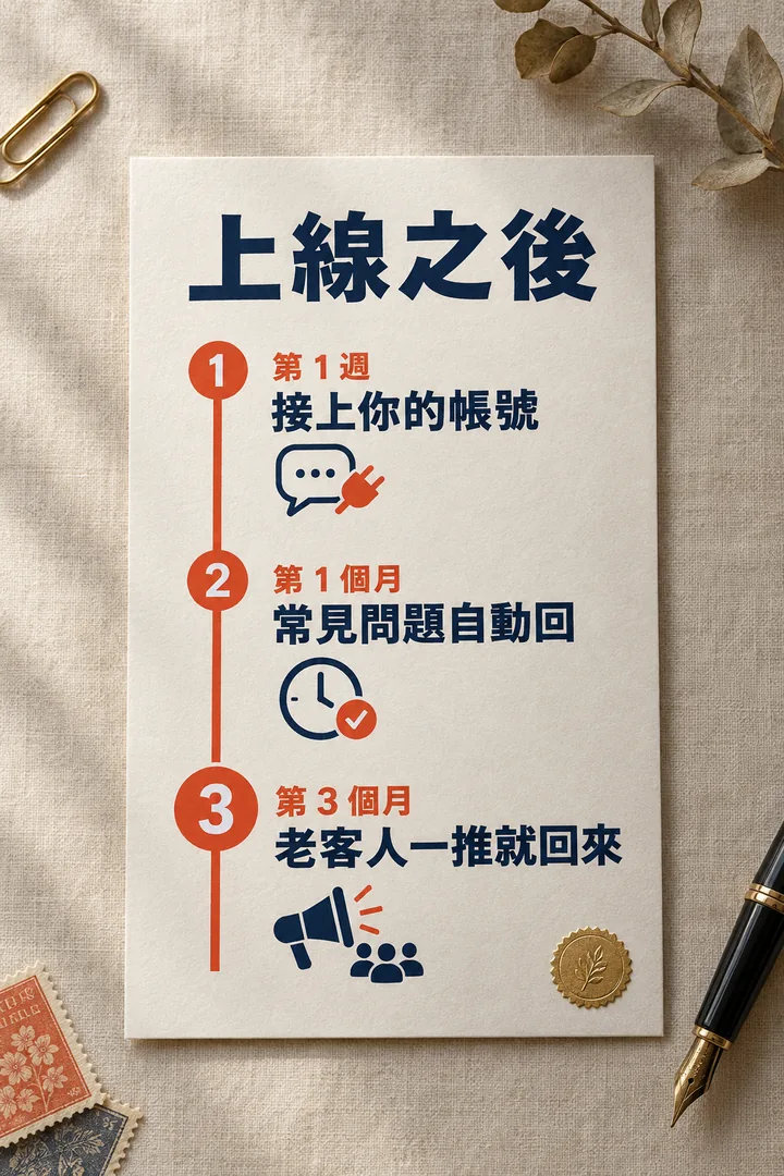 上線之後:第 1 週接上你的帳號,第 1 個月常見問題自動回,第 3 個月老客人一推就回來