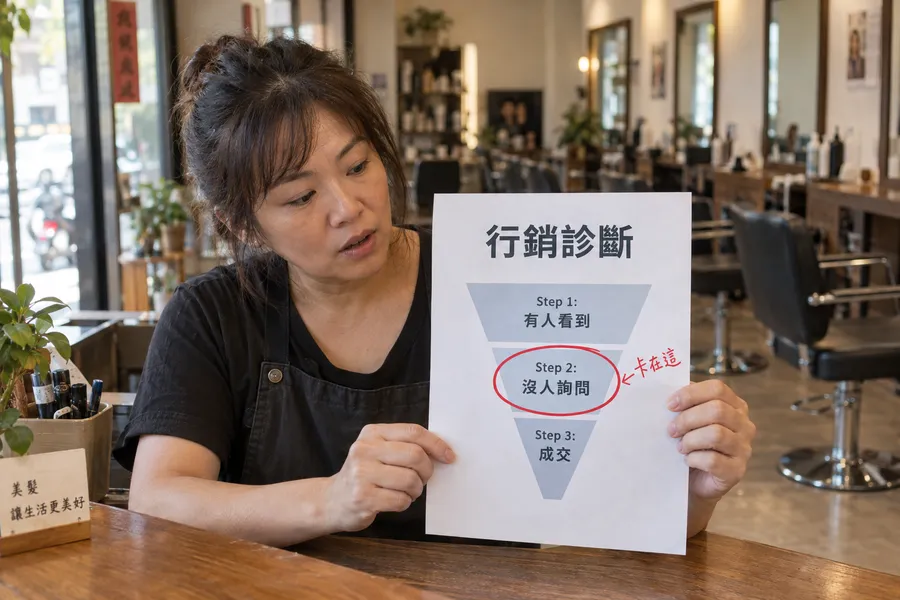 美髮店老闆娘舉著行銷診斷報告,漏斗上「有人看到、沒人詢問、成交」三步,第二步被紅筆圈起來寫著卡在這