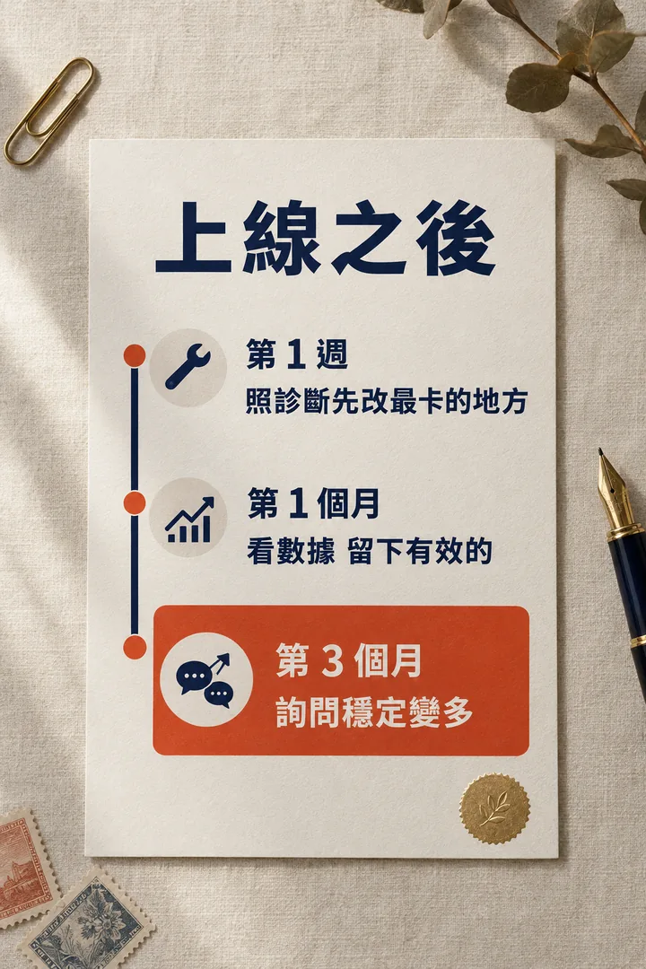 正式上線後:第 1 週照診斷先改最卡的地方,第 1 個月看數據留下有效的,第 3 個月詢問穩定變多