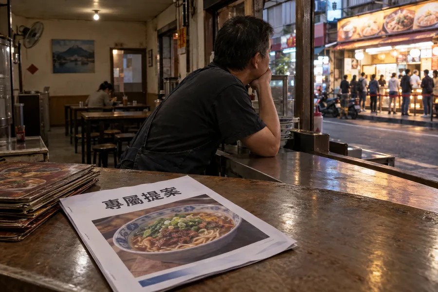 傍晚,麵店老闆靠在櫃檯上望著對面排隊的店,桌上那份「專屬提案」擱在菜單旁邊,一直沒動過