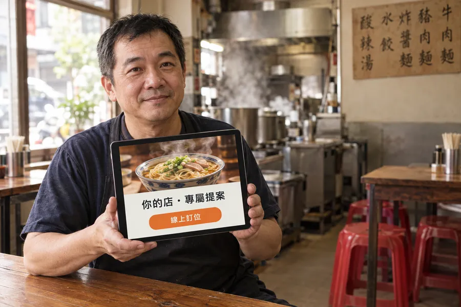 麵店老闆坐在自己店裡,舉著平板,畫面是一碗熱騰騰的麵和「你的店・專屬提案」