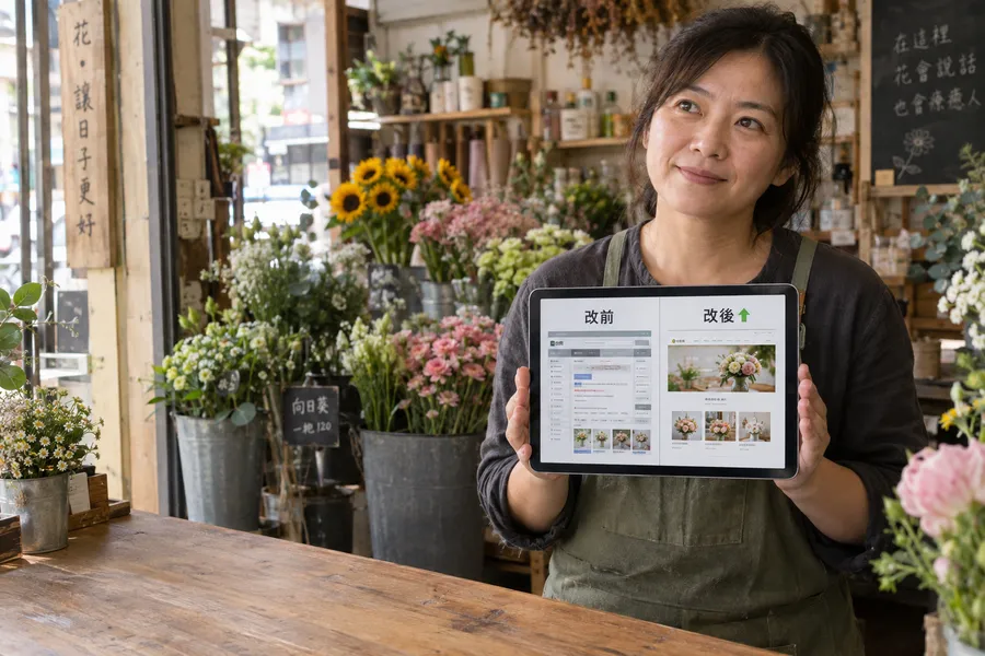 花店老闆拿著平板,畫面上是網頁改前與改後的對照,改後版面乾淨、多了向上的箭頭