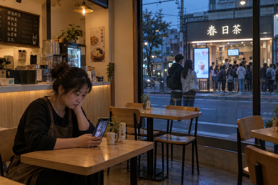 傍晚,飲料店老闆娘一個人坐在空蕩的店裡滑著手機,窗外對面的春日茶門口螢幕播著宣傳短片,排了一長串人