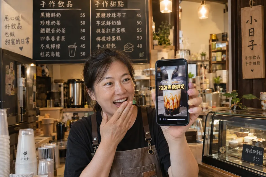 手搖飲甜點店老闆娘舉著手機,畫面播著自己店裡招牌黑糖鮮奶的 15 秒短片,驚喜地笑了