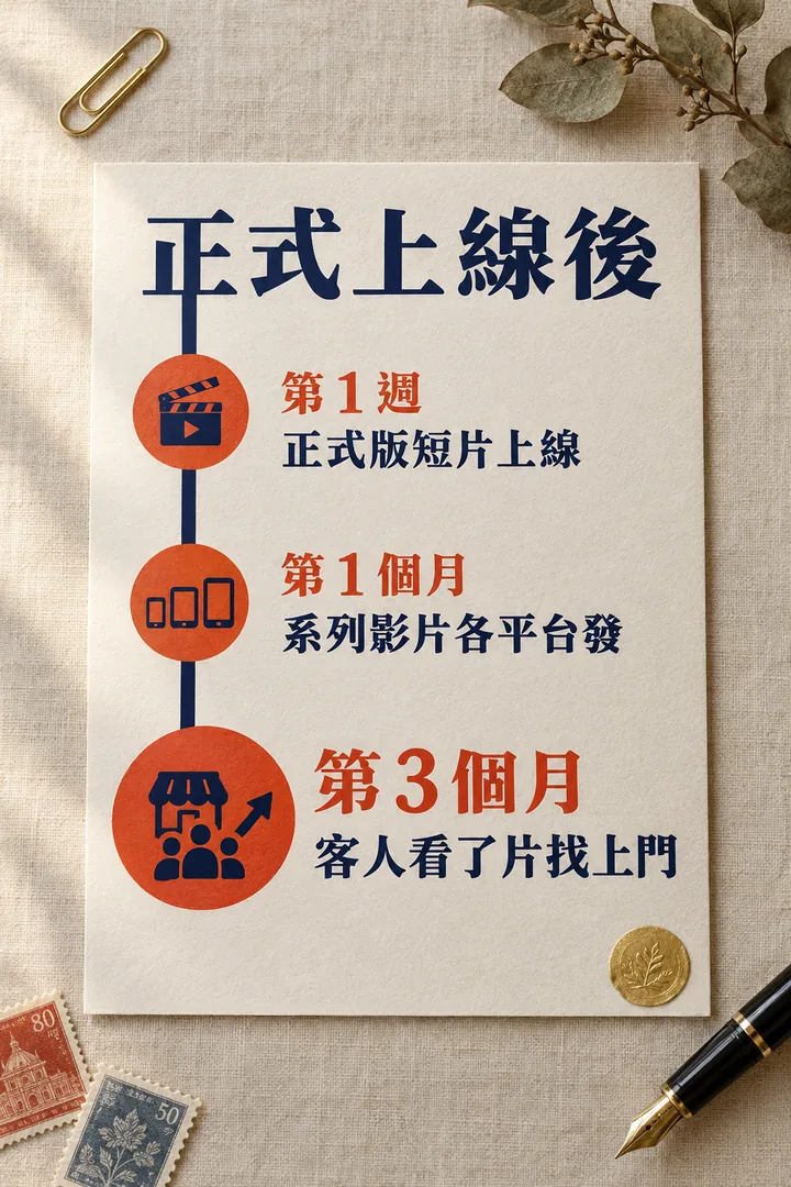 正式上線後:第 1 週正式版短片上線,第 1 個月系列影片各平台發,第 3 個月客人看了片找上門