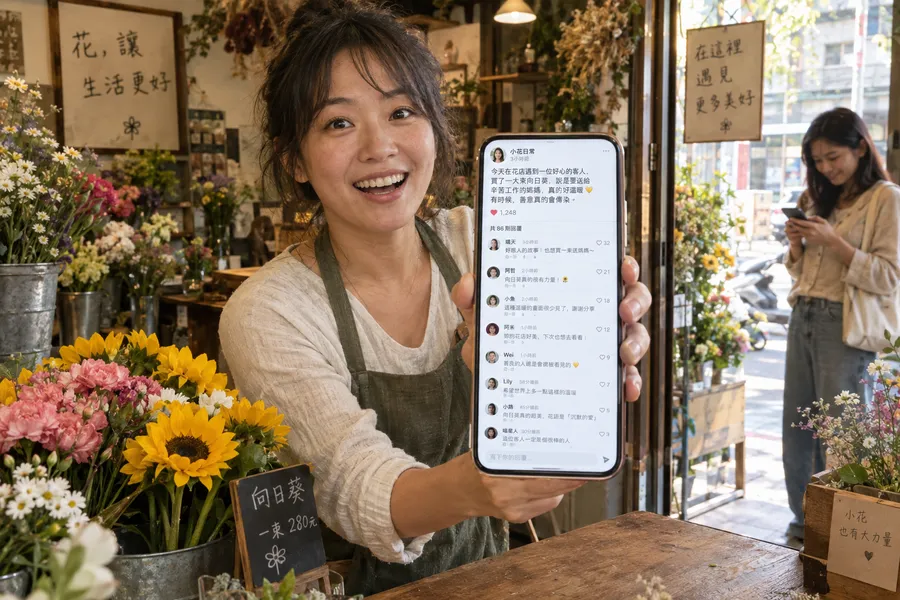花店老闆笑著舉起手機,畫面上她的 Threads 貼文底下一整排客人留言