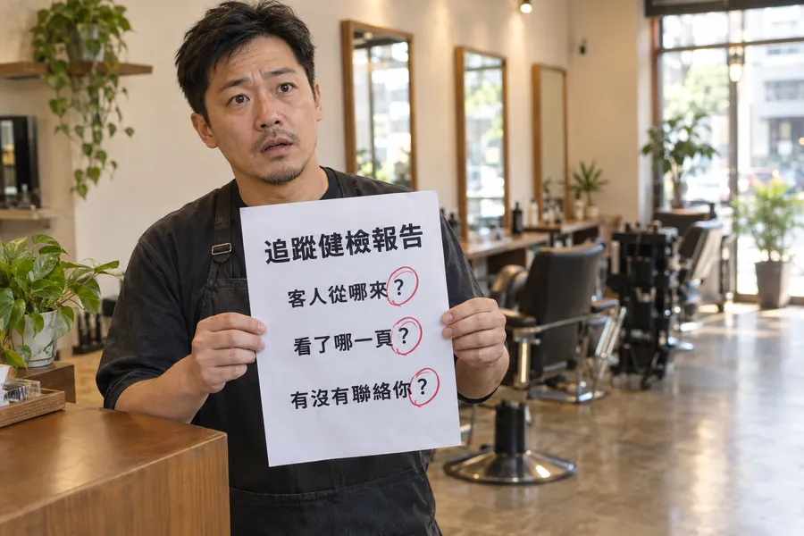 髮廊老闆舉著追蹤健檢報告,上面寫著客人從哪來?看了哪一頁?有沒有聯絡你?三個紅圈問號