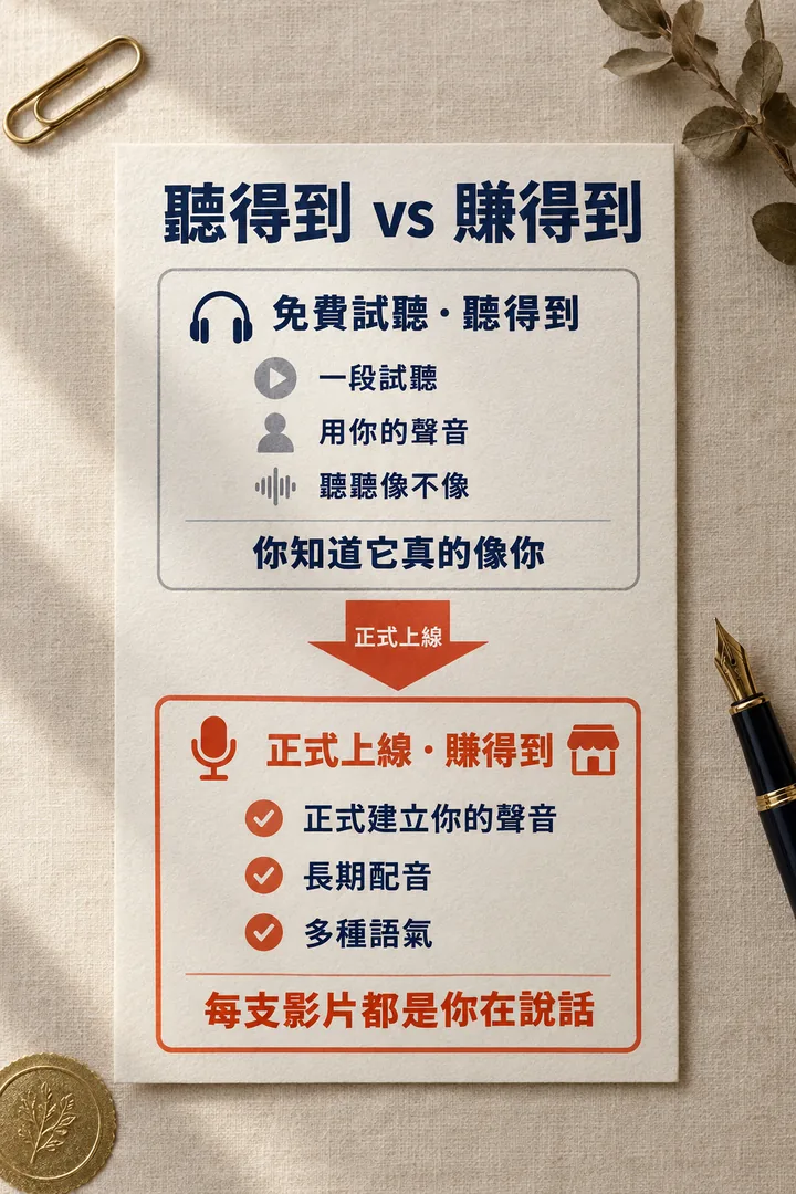 聽得到 vs 賺得到:免費試聽有 1 段試聽、用你的聲音、聽聽像不像,讓你知道它真的像你;正式上線有正式建立你的聲音、長期配音、多種語氣,每支影片都是你在說話