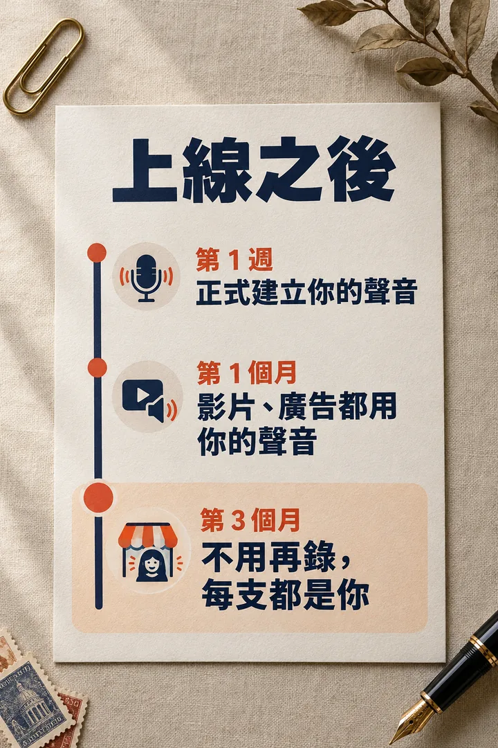正式上線後:第 1 週正式建立你的聲音,第 1 個月影片、廣告都用你的聲音,第 3 個月不用再錄,每支都是你
