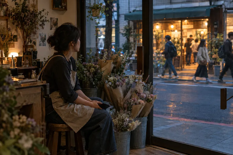傍晚,花藝店老闆一個人坐在店裡,手機握在手上,看著路人從門口走過、走進對面熱鬧的店