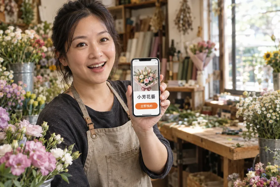花藝店老闆笑著舉起手機,畫面是自己店的示範網站:小芳花藝,下方一顆立即預約按鈕