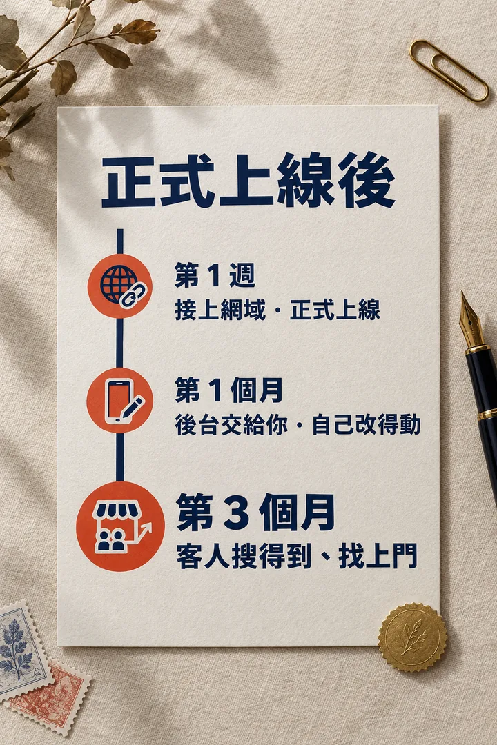 正式上線後:第 1 週接上網域、正式上線,第 1 個月後台交給你、自己改得動,第 3 個月客人搜得到、找上門