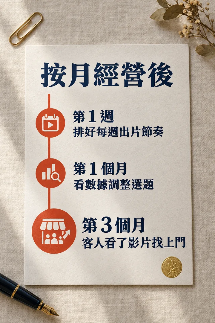 按月經營後:第 1 週排好每週出片節奏,第 1 個月看數據調整選題,第 3 個月客人看了影片找上門